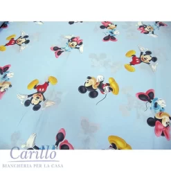 TESSUTO STOFFA COTONE DISNEY MINNIE TOPOLINO A METRO ALT. 280 COL. CELESTE G017